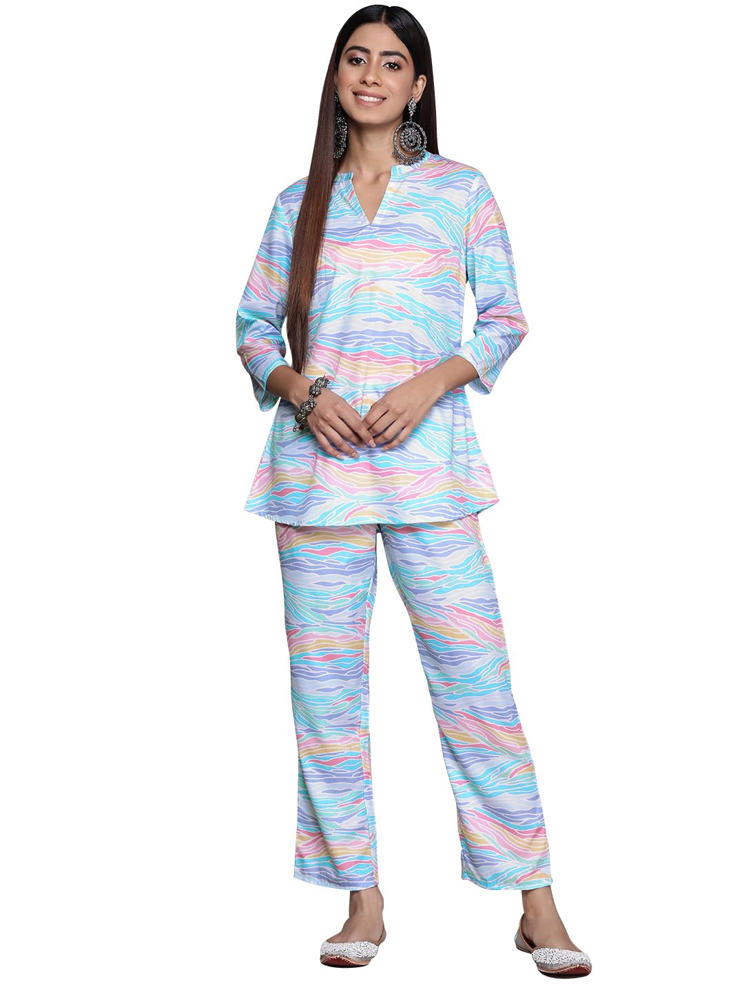 ZIYAA Womens Women's Blue Crepe A-Line Kurta And Palazzo Set