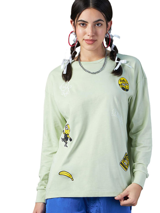 Bewakoof Official Minions Merchandise Womens Graphic Printed Oversized Fit Full Sleeve Round Neck Cotton Jersey T-Shirt_ 628090