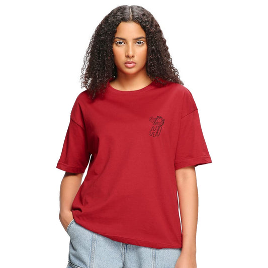 Bewakoof X Official Garfield Merchandise Womens Lazy Garfield Graphic Print 100% Cotton T-Shirt - Oversized Fit, Round Neck, Ha