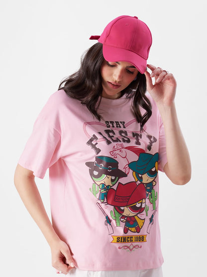 The Souled Store Powerpuff Girls: Stay Fiesty Womens Oversized Fit Graphic Printed Half Sleeve Cotton Pink Women Oversized T-Shi