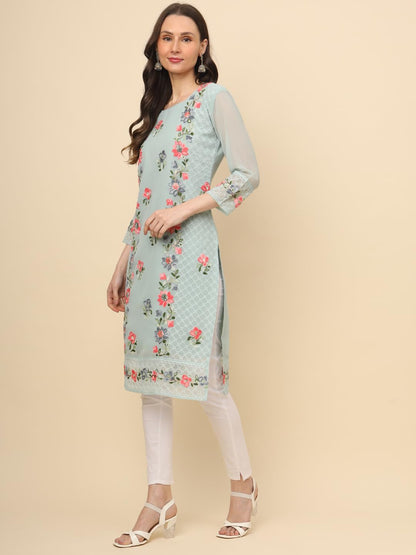 Ekasya WomenS Georgette Straight Cut Round Neck Kurta With Beautiful Embroidery Work (E1628) - Elegant Design, Intricate Embroi
