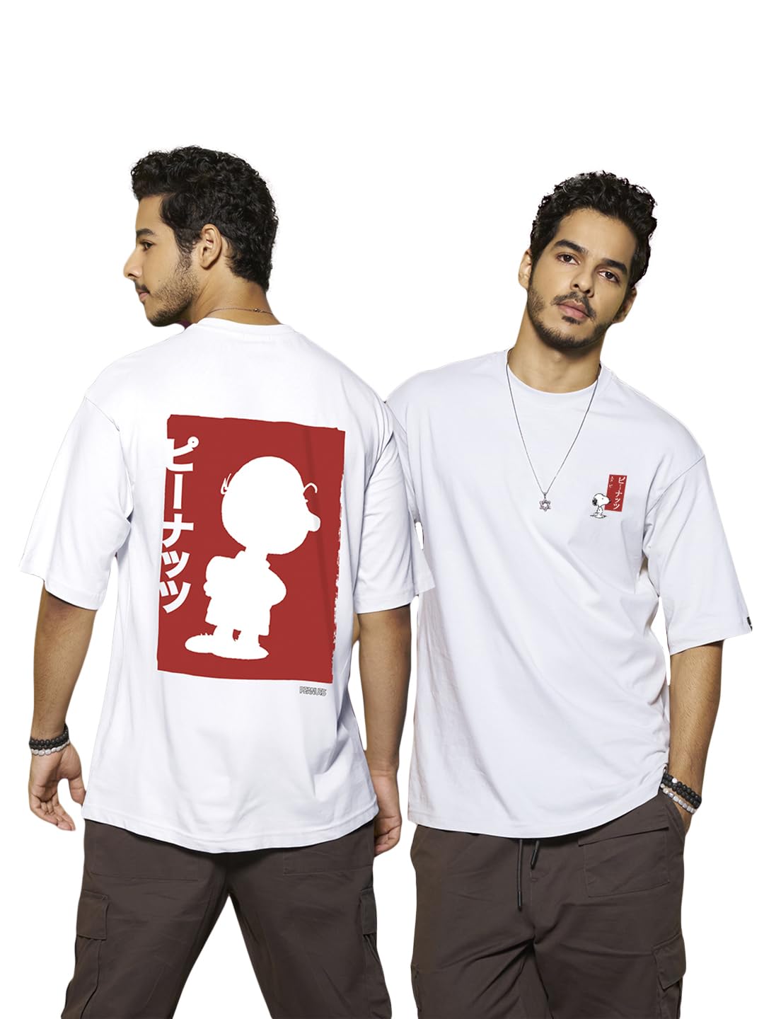 Bewakoof Official Peanuts Merchandise Mens Charlie Jap Graphic Print Cotton Jersey T-Shirt - Oversized Fit, Round Neck, Half Sl