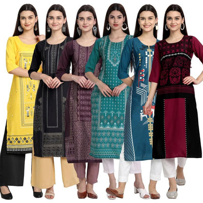 Tee Projekt Printed Crepe Kurti For Women Ll Vibrant Colour Kurti (Pack Of 6)