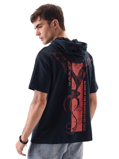 The Souled Store Official House of The Dragon: Caraxes Men and Boys Navy and Red Graphic Print Short Sleeve Hooded Neck 100% Cot