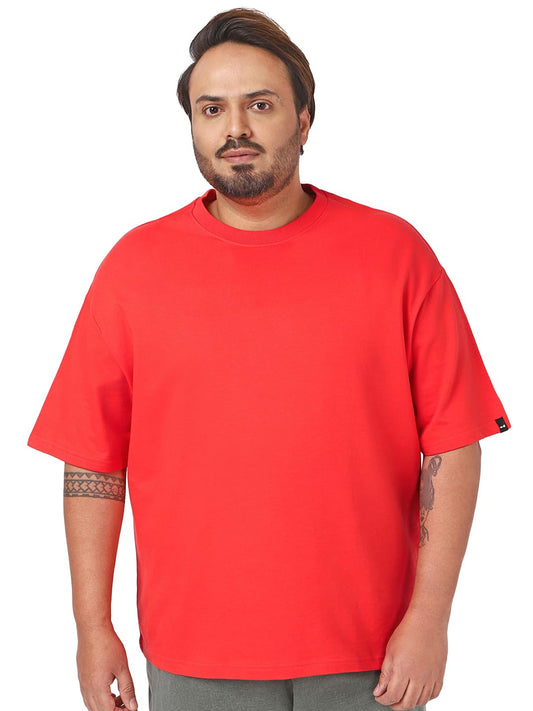 Bewakoof Heavy Duty 1.0 Mens Solid Oversized Fit Half Sleeve Round Neck Terry Plus Size T-Shirt_646868_Red_6XL