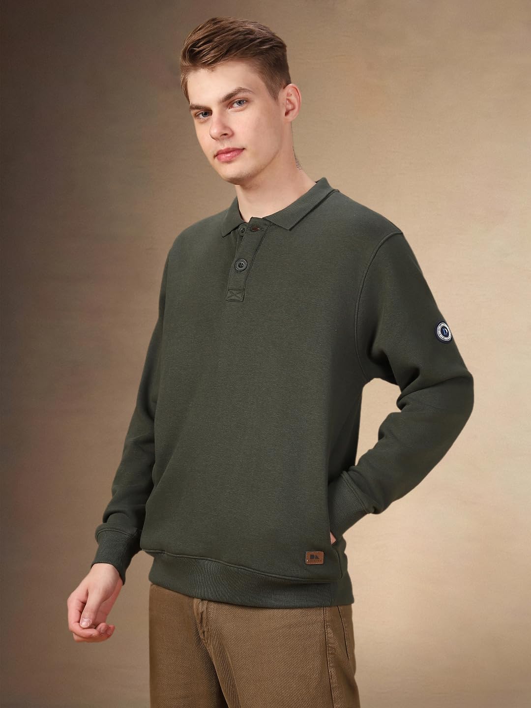 Dennis Lingo Men Solid Poly-Cotton Regular Fit Full Sleeves Pull-Over Sweatshirts Olive