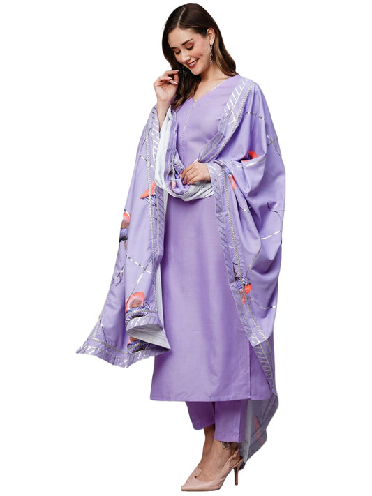 GoSriKi Women's Cotton Blend Straight Solid Kurta with Pant & Dupatta (SWAGATAM-Purple-NW-GS)
