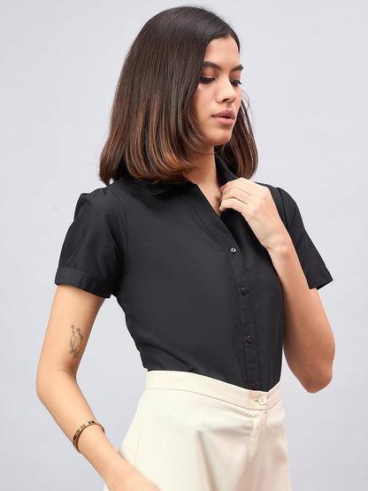Style Quotient Women Short Sleeves Front Button and Collar Shirt