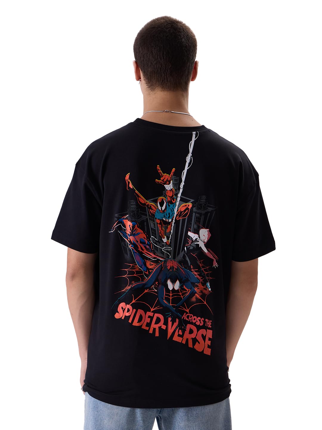 The Souled Store Official Spider-Man: Across The Spider-Verse Mens and Boys Oversized fit Graphic Printed Half Sleeve Cotton Gre