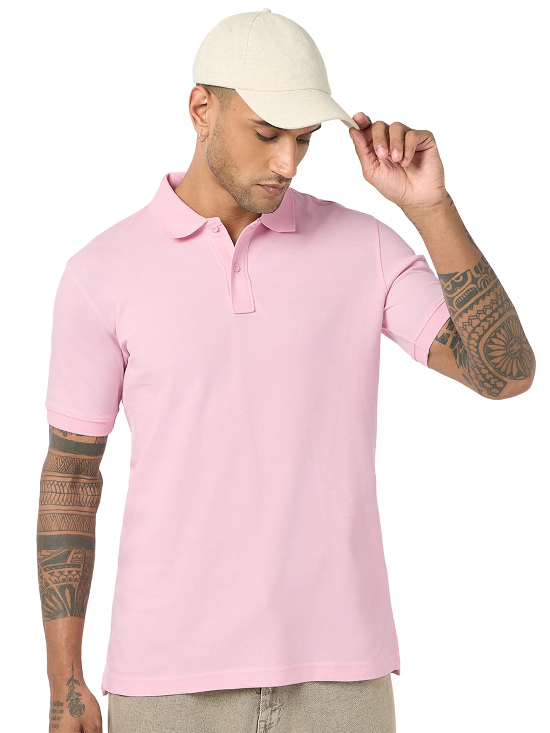 Bewakoof Mens Solid Regular Fit Half Sleeve Collared Neck Cotton Polo T-Shirt_685315_Pink_XL