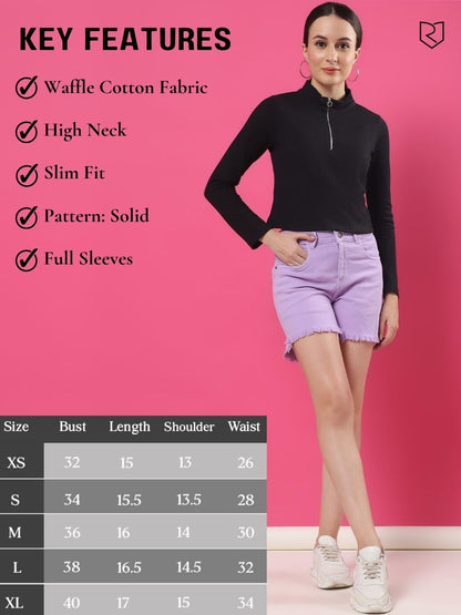 Rigo Waffle Knit Top for Women | High Collar Zipper Top for Women | Long Sleeves, Western Crop Tops for Women | Stylish Top for