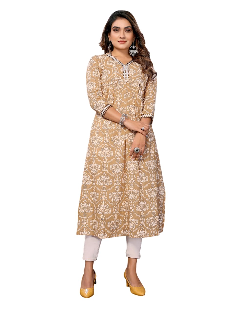 rangita Brown Cotton Calf Length Printed A-line Kurti | Kurta for Women