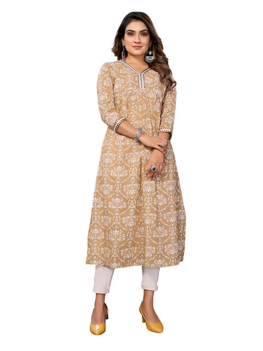 rangita Brown Cotton Calf Length Printed A-line Kurti | Kurta for Women