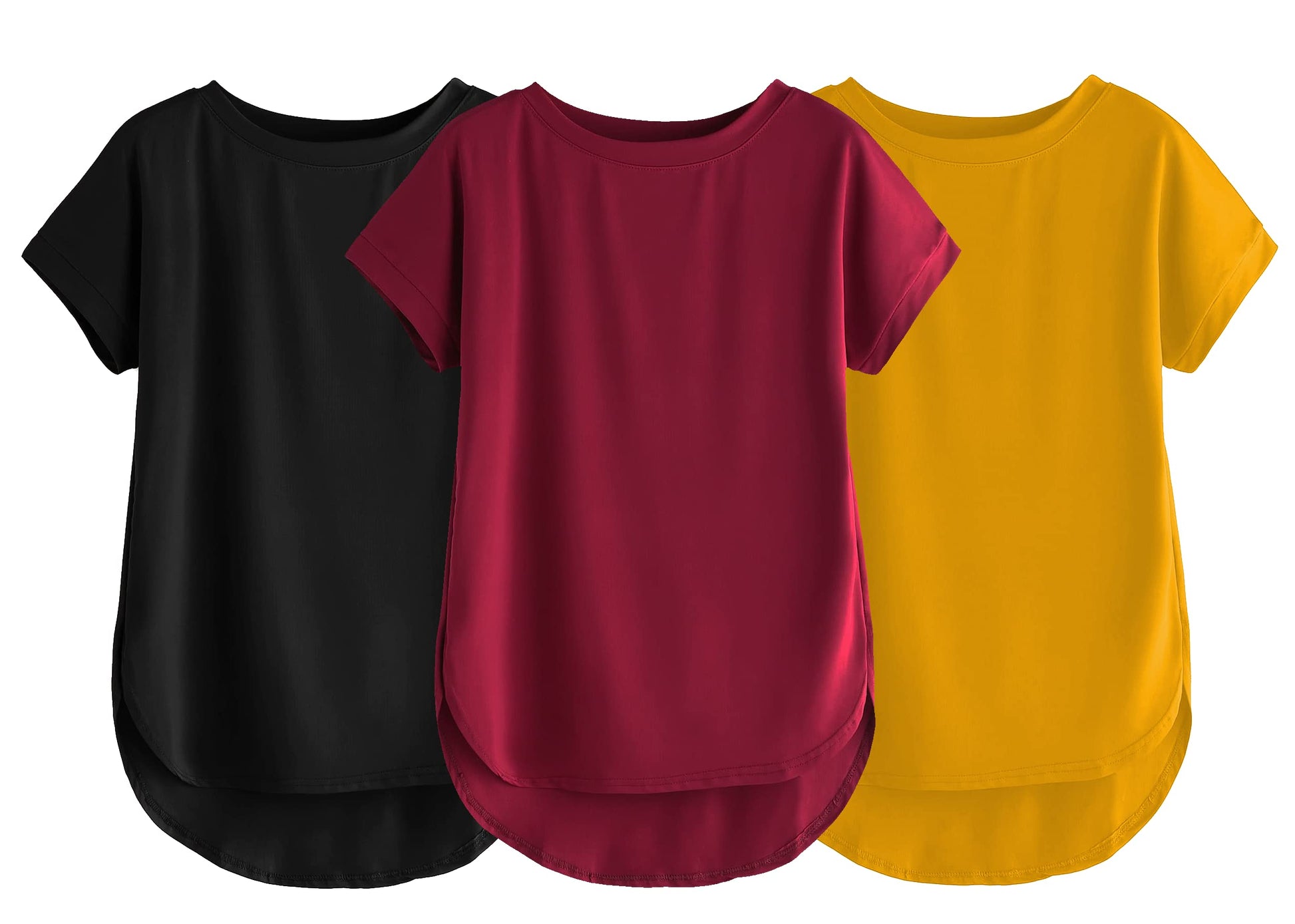 Fabricorn Combo Of Three Plain Maroon, Black And Mustard Yellow Round Neck Up And Down Cotton Tshirt For Women (Maroon, Black, M