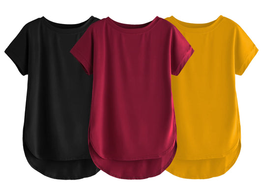 Fabricorn Combo Of Three Plain Maroon, Black And Mustard Yellow Round Neck Up And Down Cotton Tshirt For Women (Maroon, Black, M