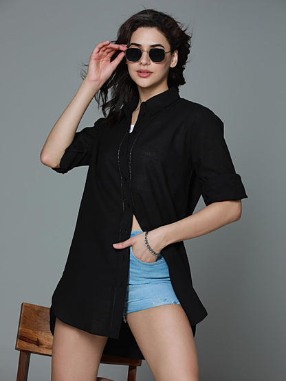 High Star WomenS Solid Oversized Fit Shirt (Hswshs2405_Black