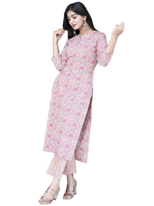GoSriKi Women's Cotton Blend Printed Straight Kurta with Pant (Achu Pink-CMD-GS)