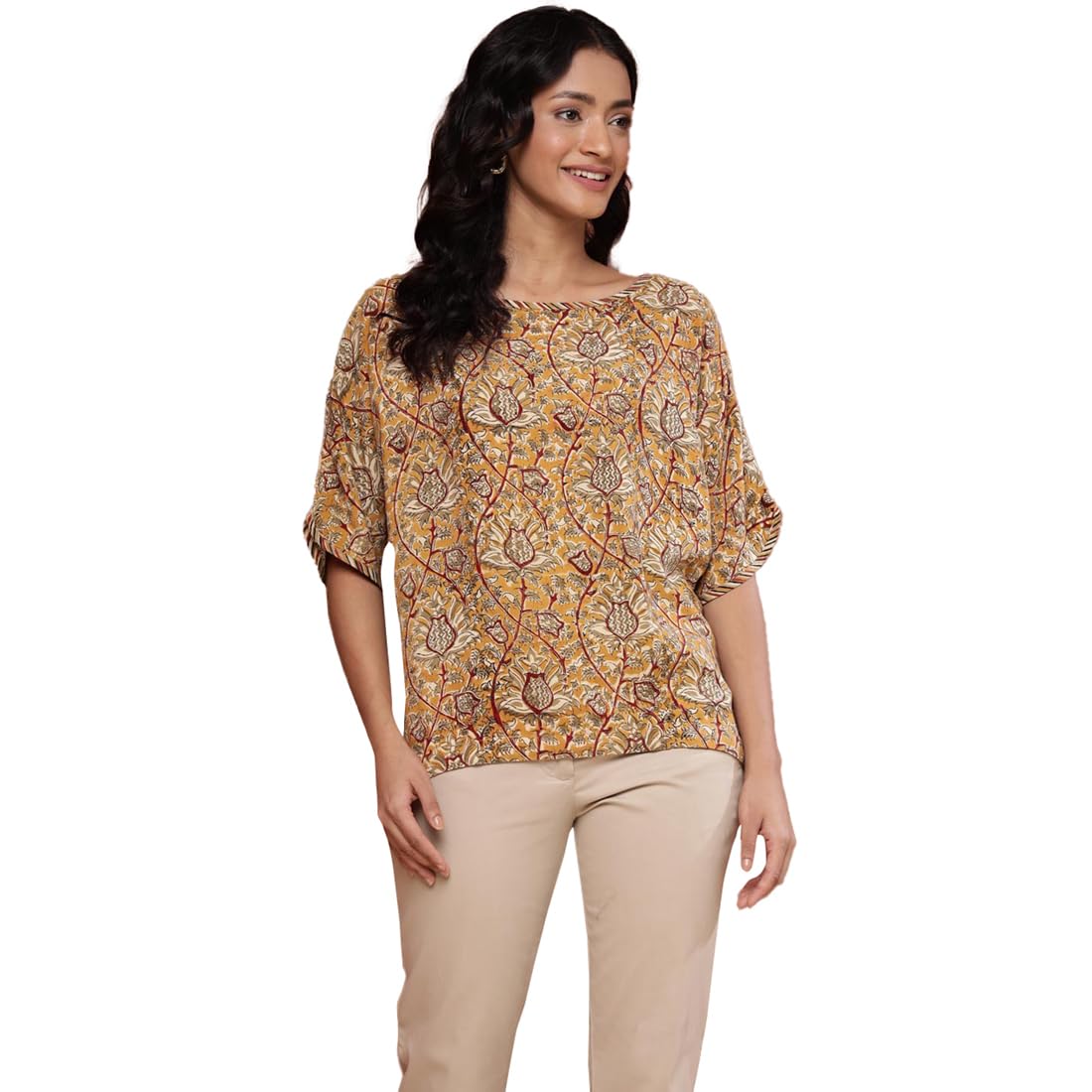 Fabindia WomenS Printed Comfort Fit Tops (1037632Mustard_Mustard