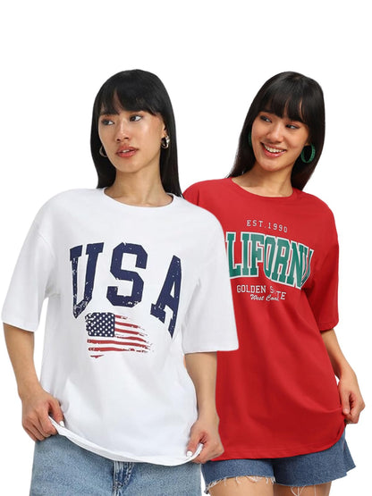 Juneberry 100% Pure Cotton Oversized Loose Baggy Fit Drop Shoulder Cool Graphic Prinred Half Sleeve T-Shirts For Women & Girls (