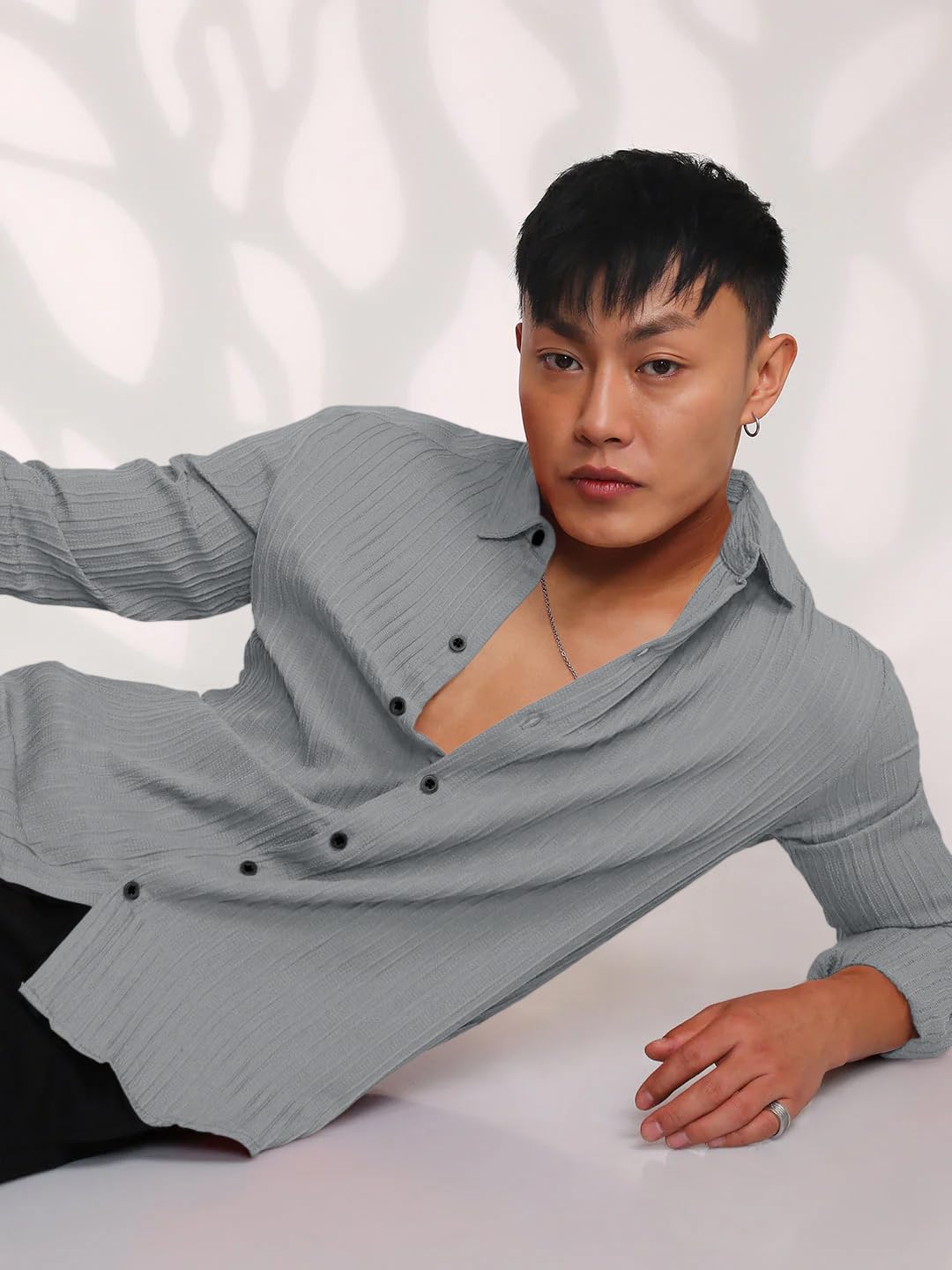 Finivo Fashion MenS Casual Cotton Striped Button Down Shirts Long Sleeve Textured Summer Beach Shirt For Men Grey