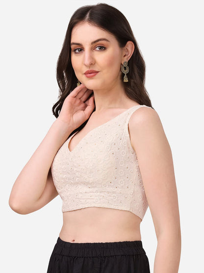 OOMPH! Womens Indian Ethnic Wear Designer Leaf Pattern V Neck Sleeveless Cotton Off-White Blouse for Saree or Lehnga and Blouse