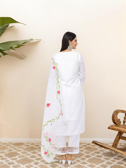 Ishin Thread Work Floral Design Schiffli Straight Kurta With Pants And Dupatta