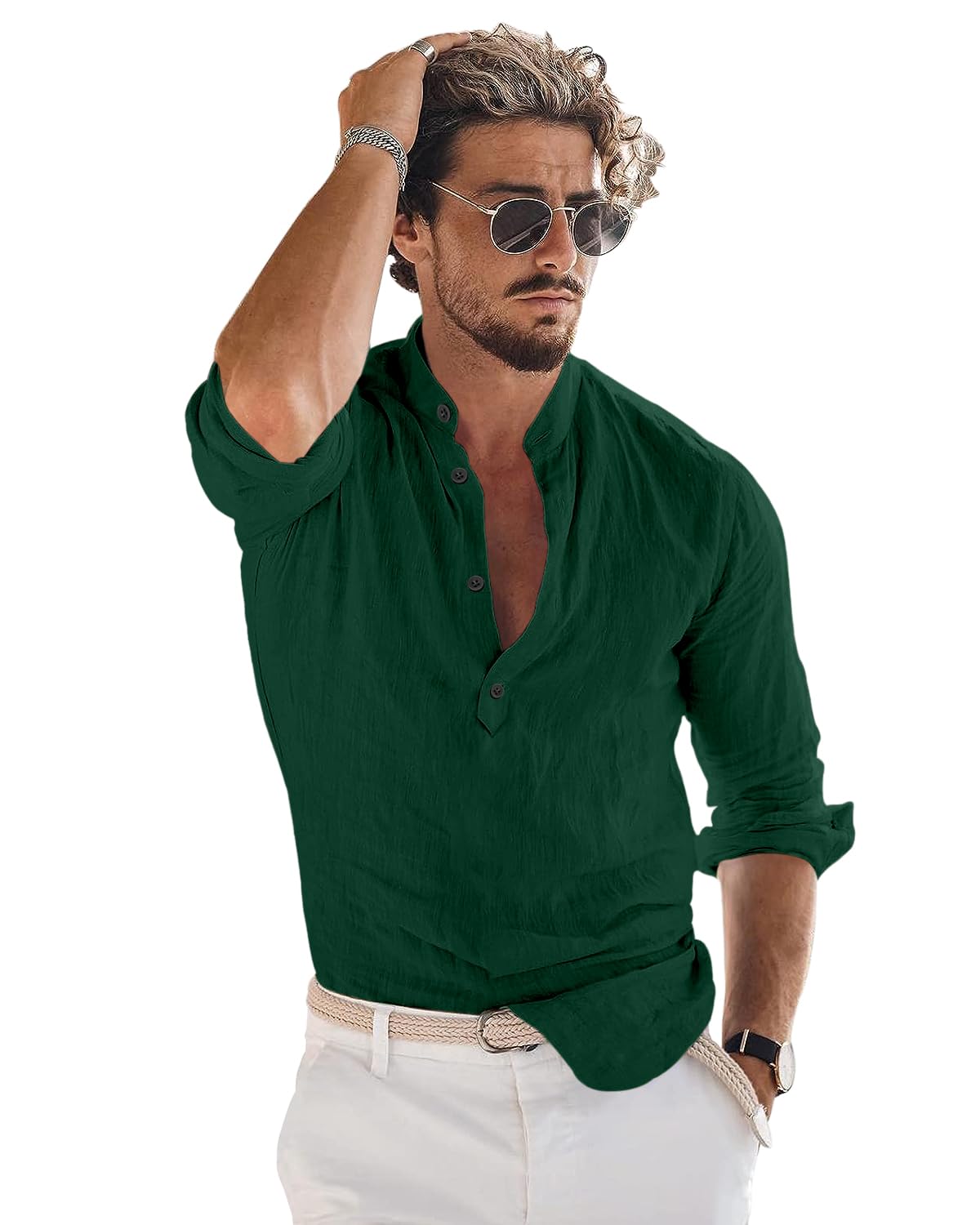 Hemadhav MenS Regular Fit Cotton Blend Casual Kurta Dark Green