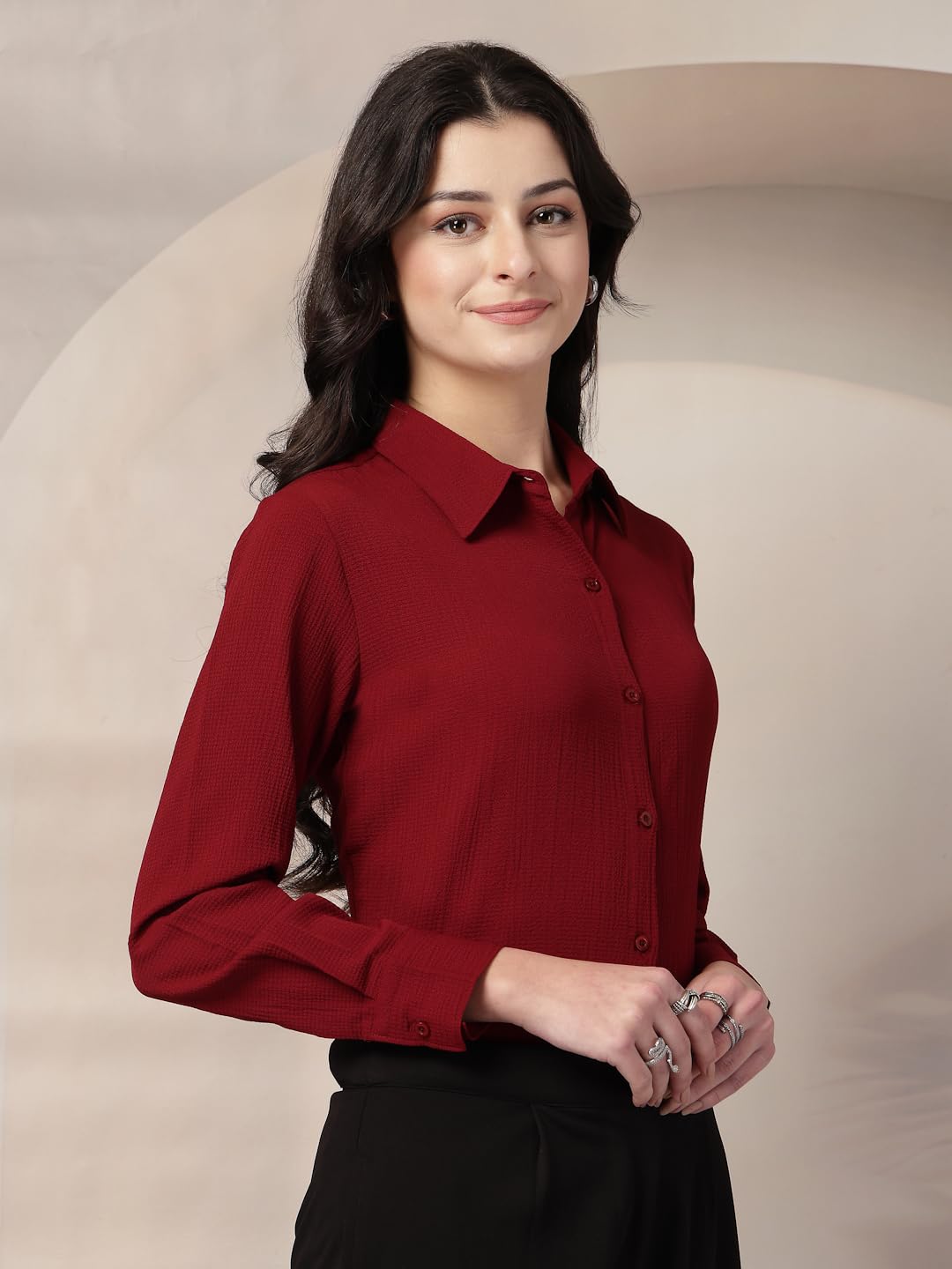 Style Quotient Women Maroon Solid Textured Shirt