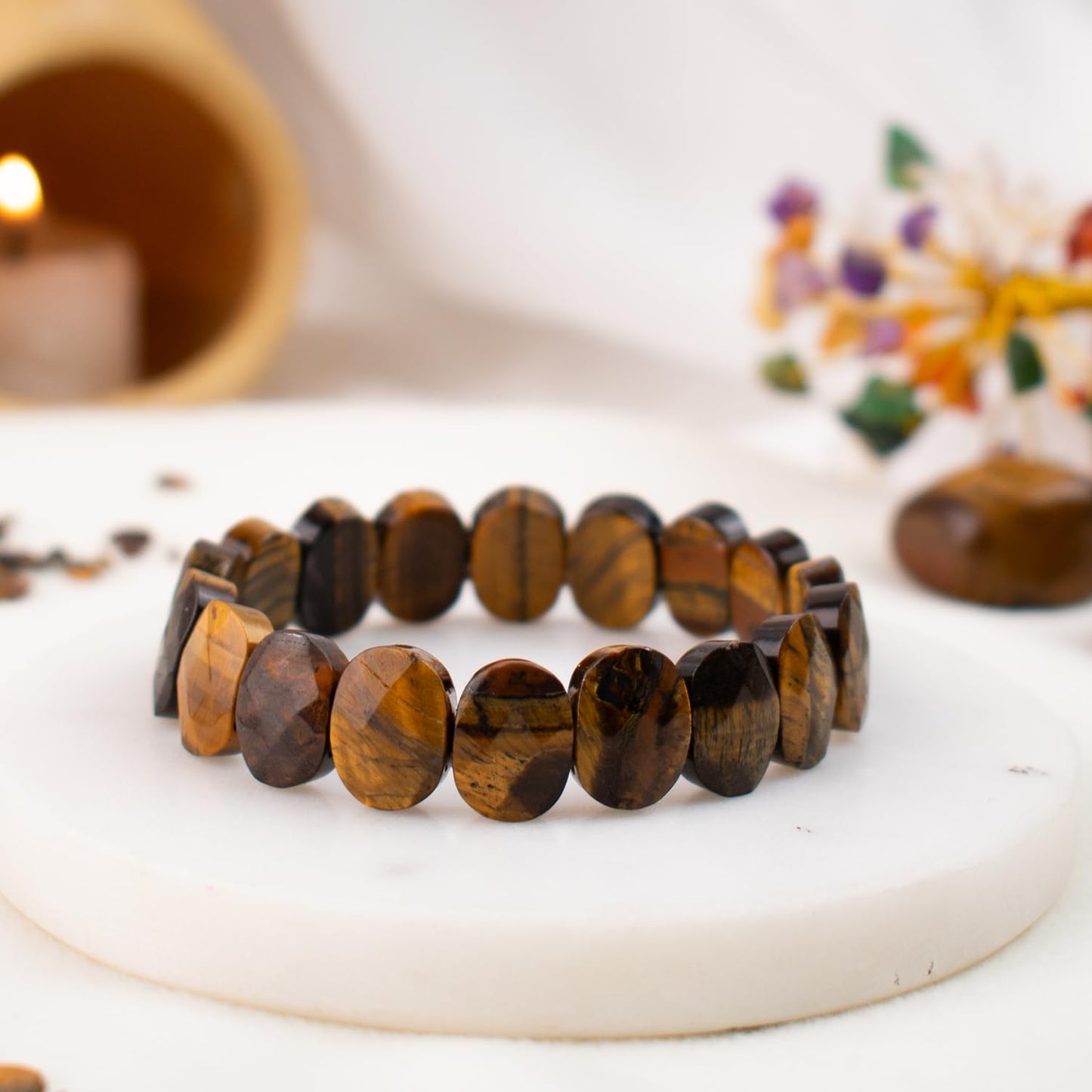 Astrotalk Tiger Eye Flat Bead Stretchable Bracelet | Genuine Tiger Eye Stone | Crystal Jewellery for Women For Confidence, Focus, & Strength | Gift For Women | Valentine Gift for Girlfriend