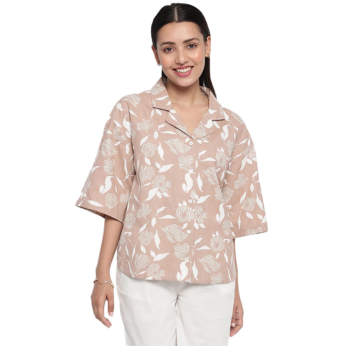 Fabindia WomenS Camouflage Regular Fit Tunic Shirt (10721398_Brown