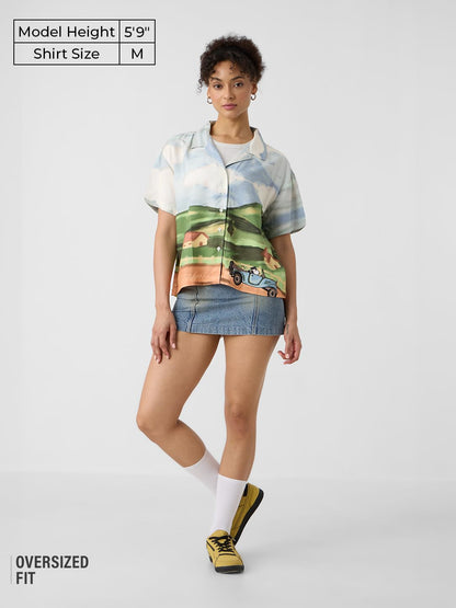 The Souled Store Peanuts: Snoopys Drive-in Women and Girls Short Sleeves Collared Neck Button Front Multicolour Printed Viscose
