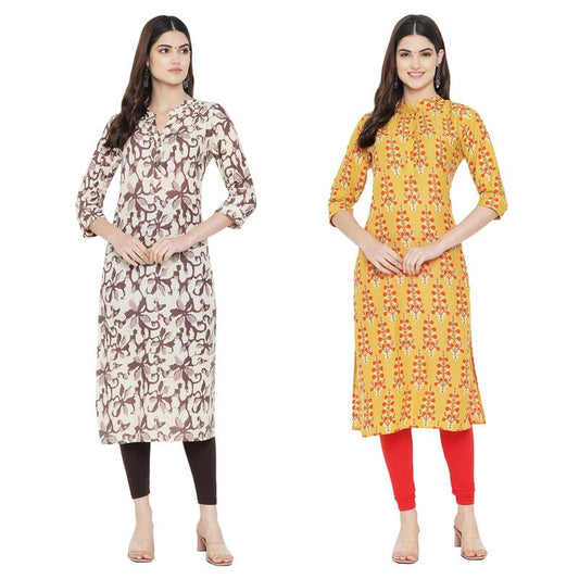 Pinkmint Women Cotton Printed Kurta Stylish Regulr Fit GirlS Combo Kurta Ll Regular Fit Combo Kurta (Pack Of 2) Cream-Yellow