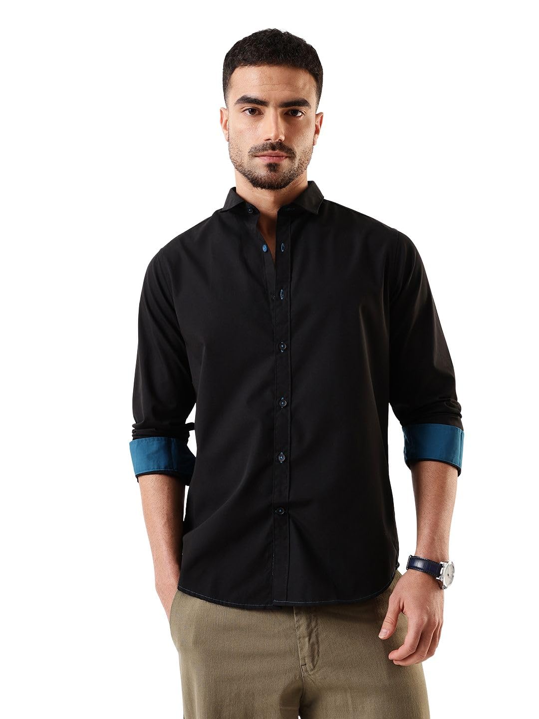 Dennis Lingo Men Black Solid Spread Collar Full Sleeves Regular Fit Cotton Casual Shirt