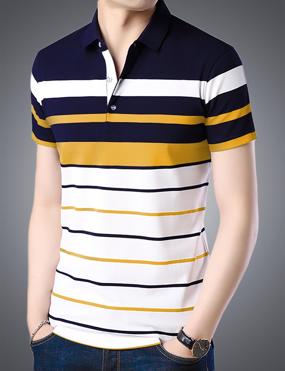 Noble Monk MenS Regular Fit Polo Neck T-Shirt | Half Sleeve | Stripe On Chest | Collared Neck Tshirt For Men
