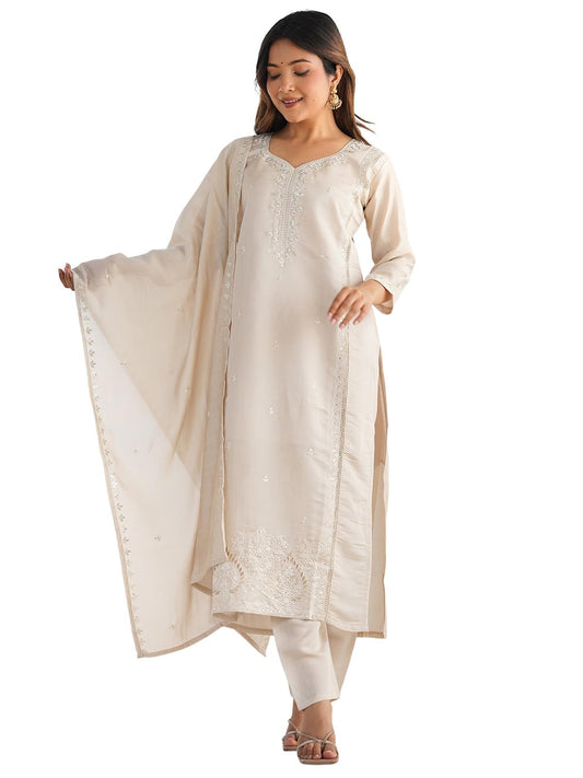 Sanisa Women's Silk Sequins and Embroidery Straight Kurta with Pant and Dupatta Set