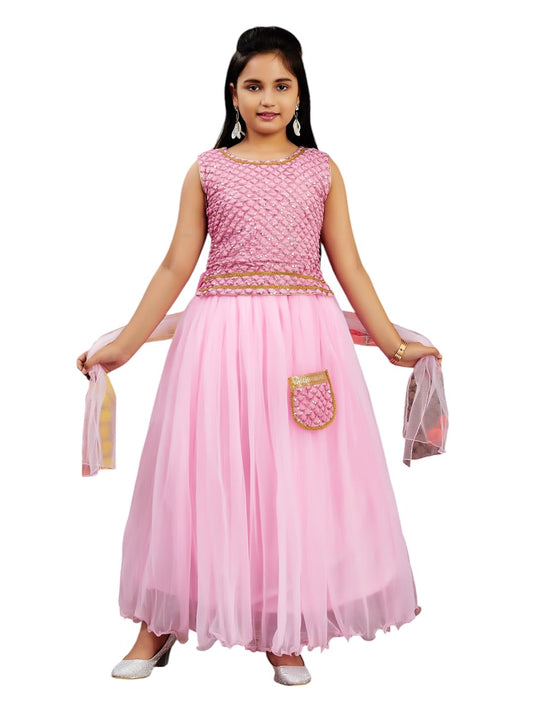 Aarika Girls Ethnic Wear Pink Colour Sequin Embroidery Georgette Lehenga Choli Set Attached Bag (4-10 Years)
