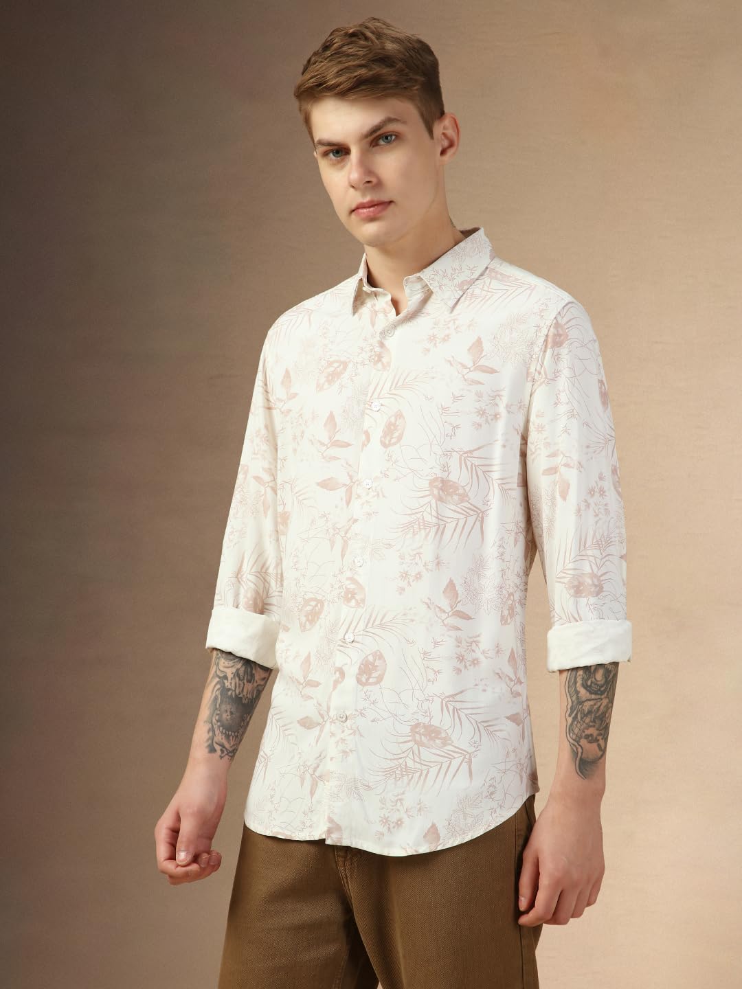 Dennis Lingo MenS Dusty Pink Full Sleeve Spread Collar Printed Relaxed Fit Casual Shirt