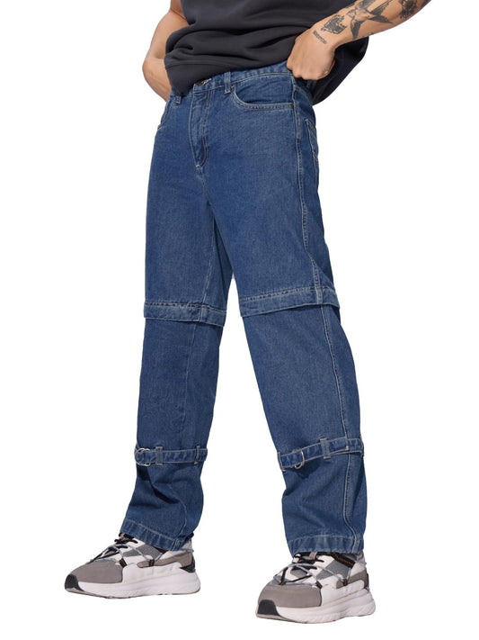 The Souled Store Convertible Jeans: Steel Blue Men and Boys Buttoned Convertible to Shorts Cotton Baggy Fit Jeans