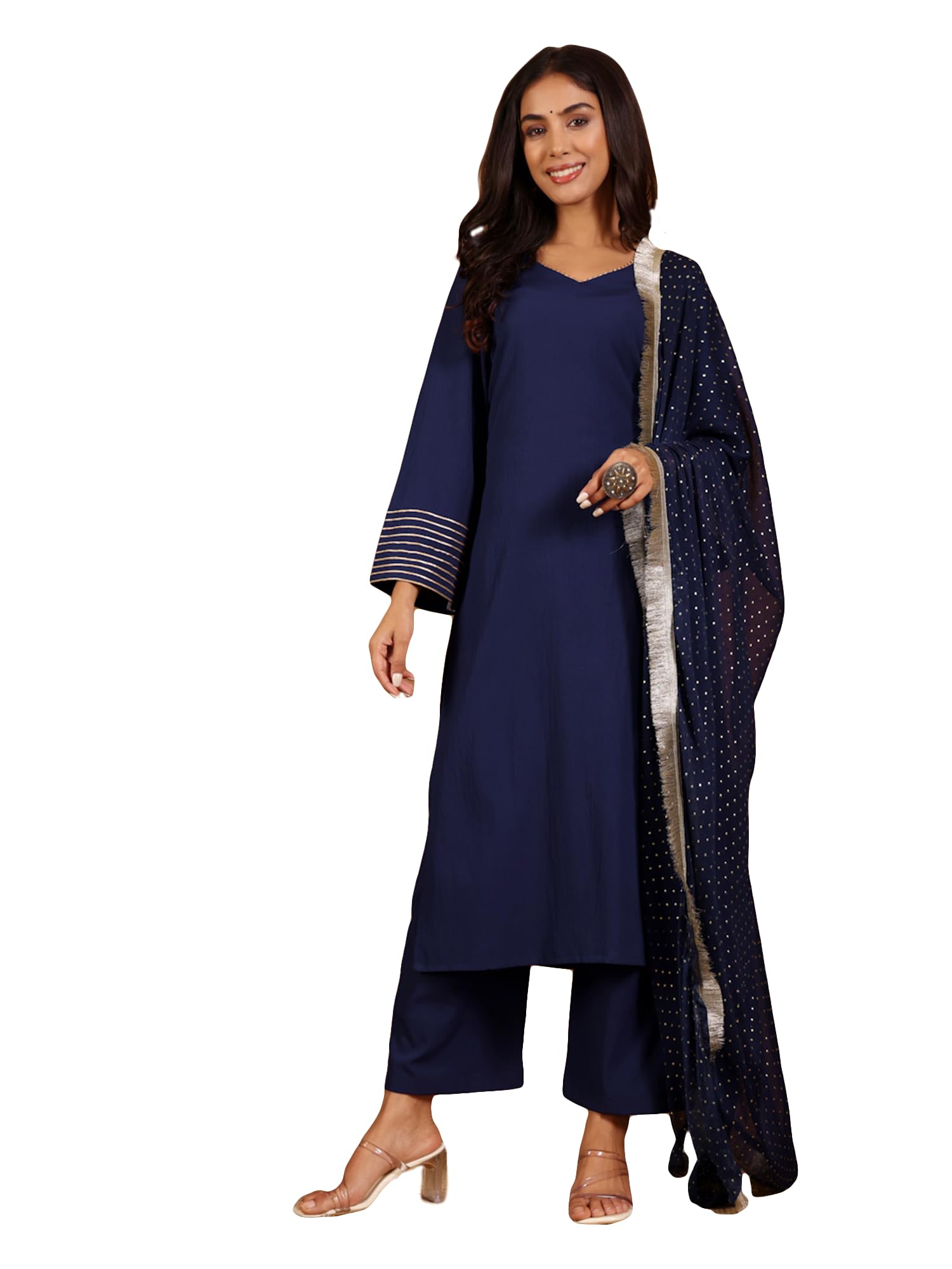 Varanga Solid V-Neck Gota Embellished Straight Kurta Paired With Tonal Bottom And Dupatta Navy Blue