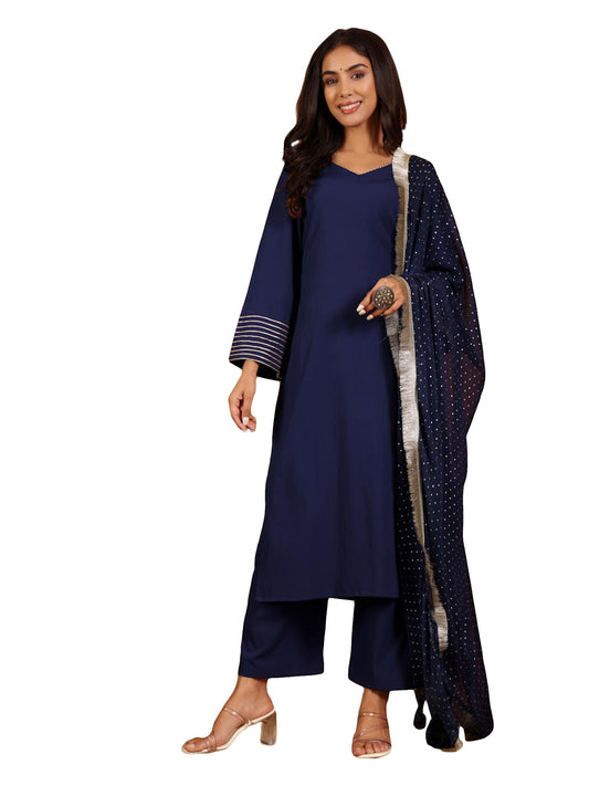 Varanga Solid V-Neck Gota Embellished Straight Kurta Paired With Tonal Bottom And Dupatta Navy Blue