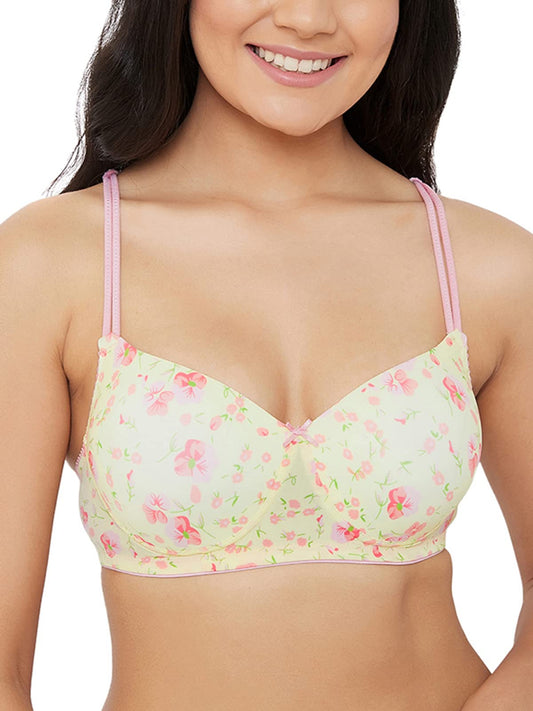 Clovia Womens Padded Non-Wired Floral Print T-Shirt Bra (BR1552R02_Yellow_38C)