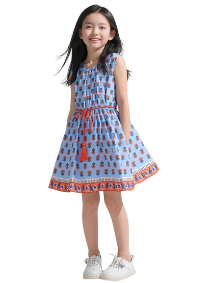 A.T.U.N. (ALL THINGS UBER NICE) Girls Blue Printed Samantha Dress | Sleeveless Cotton Knee Length Dress