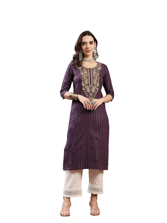 Stylum Womens Solid & Embroidered Rayon Straight Chicken Kurta Wine