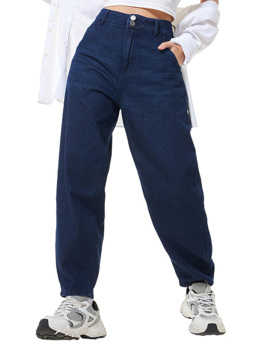Bewakoof Womens Solid Tapered Fit Cotton Baggy Jeans_625167_Blue_34