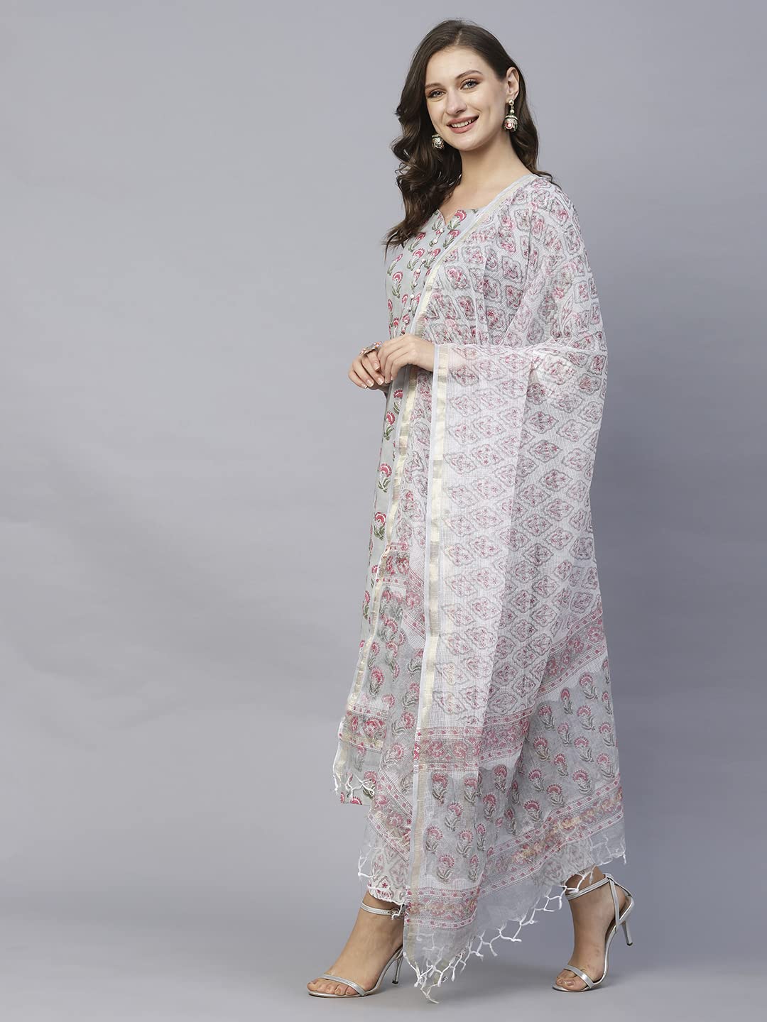 ANNI DESIGNER Women's Cotton Blend Straight Printed Kurta with Pant & Dupatta (Lord Grey)