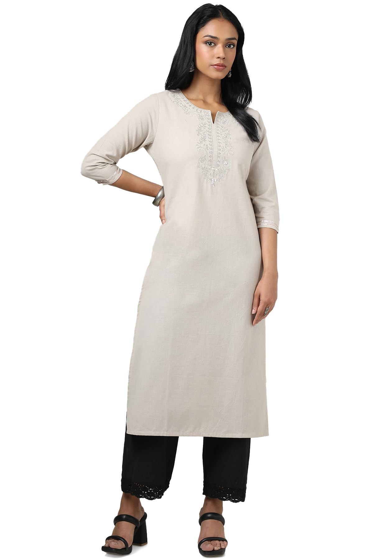 Soch WomenS Cotton Flex Embroidered Regular Kurta (Cws5Ku61072_Beige