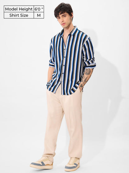The Souled Store Stripes: Blue, White Men and Boys Long Sleeve Collared Neck Button Down Cotton Textured Shirts for Men