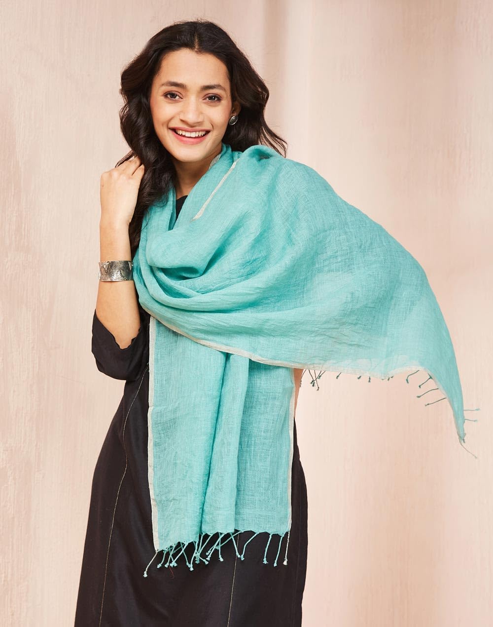 Fabindia Turquoise Linen Hand Woven Stole (1.8m x 56cm) (Free Size)