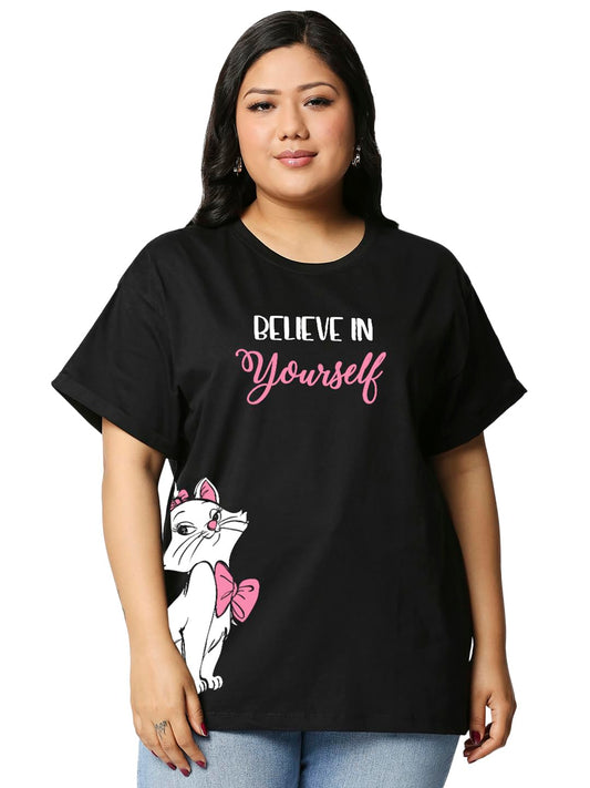 Bewakoof Womens Graphic Print Boyfriend Relaxed Fit Half Sleeve Round Neck Cotton Plus Size T-Shirt_634123_Black_3XL