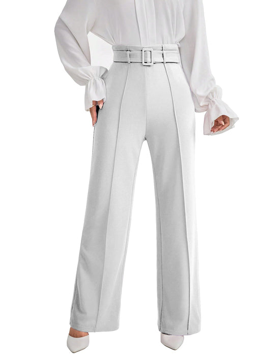 Shasmi Womens White Solid Color High Waisted Belted Toothpick Stripe Design Straight Loose Casual Women Pants, Minimalist Styli